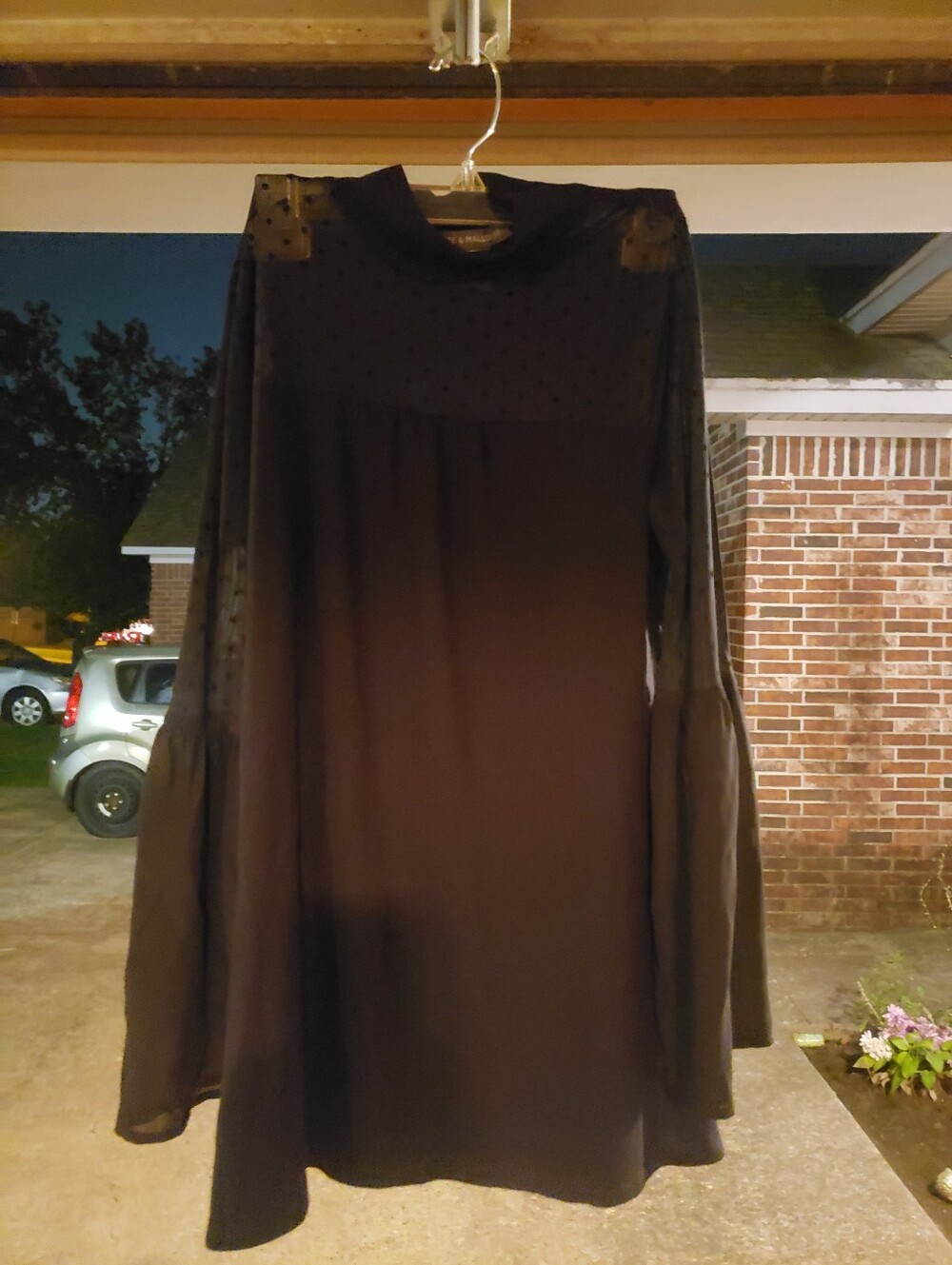 Kate & MAllory Black Sheer Flared -Sleeve Dot Yoke  Around Chest & Shoulders